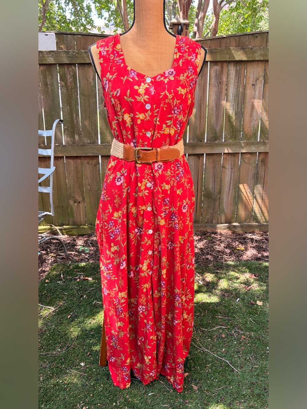 Vintage Red Floral Maxi Dress Button Front Sleeveless Dress